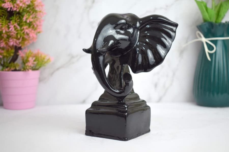 Polyresin Black Elephant Face On Base Statue, Home Decor Manufacturer And Wholesaler